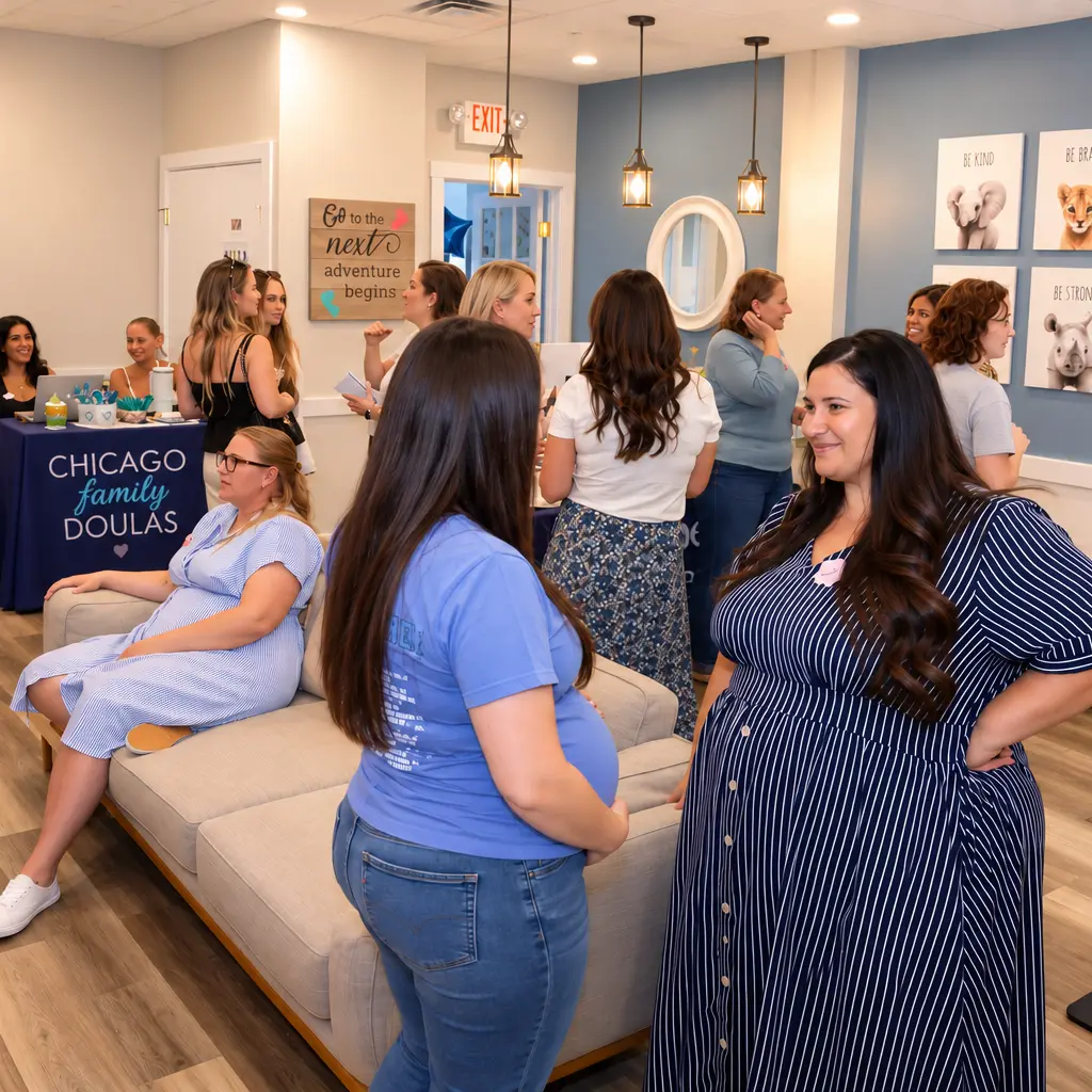 People in conversation at a baby-care event